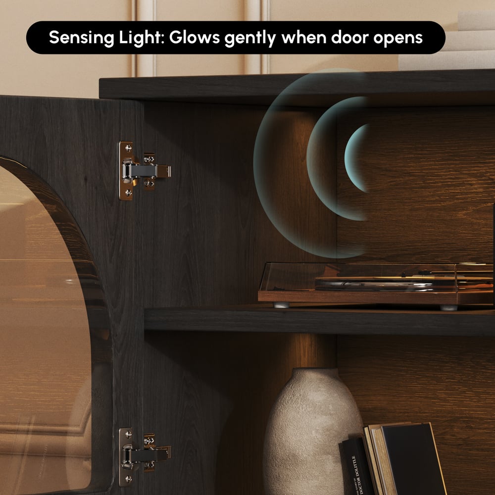 Questions et Réponses pour Meuble TV Arune à portes cintrées en verre de 1830 mm avec rangement et LED