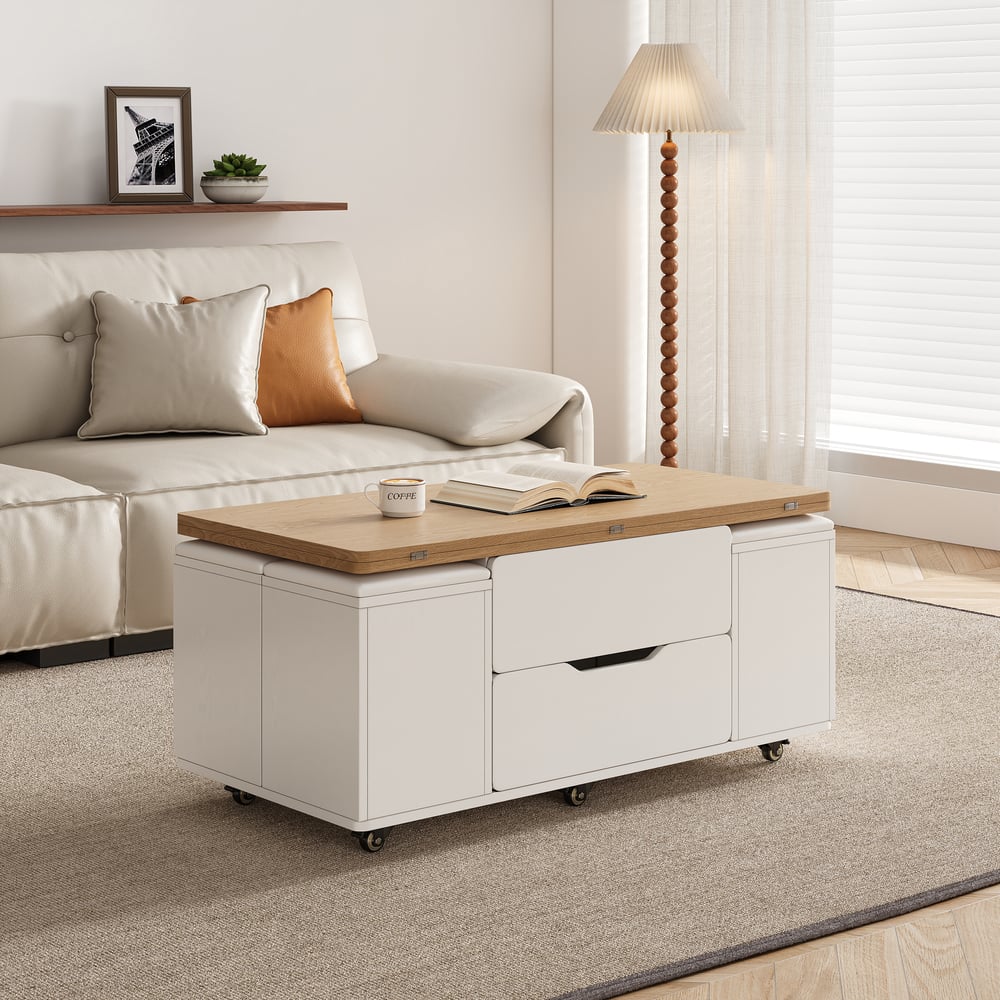 Avis Clients sur Table basse pliante de 1000 mm en blanc naturel avec 4 tabourets et espace de rangement