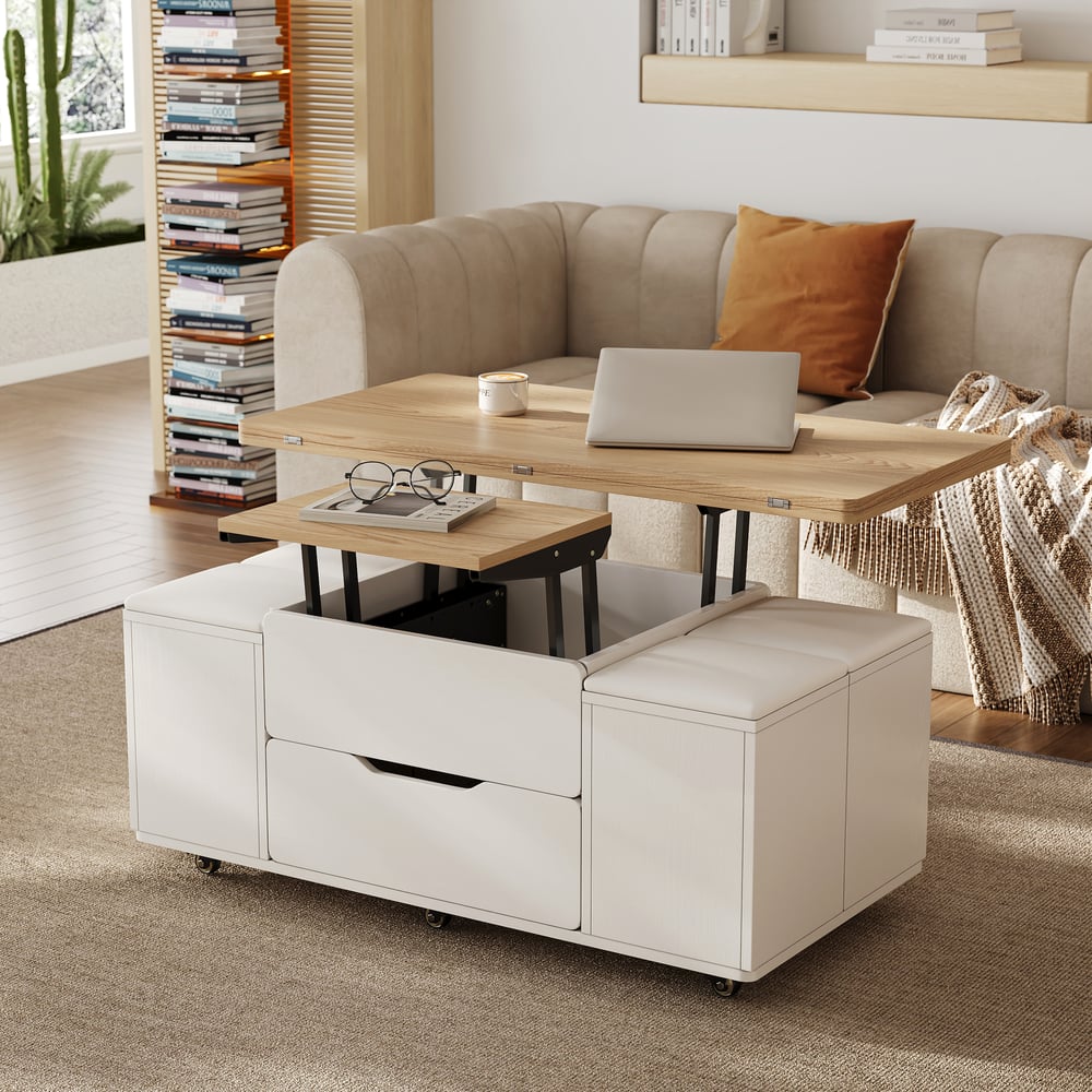 Avis Clients sur Table basse pliante de 1000 mm en blanc naturel avec 4 tabourets et espace de rangement