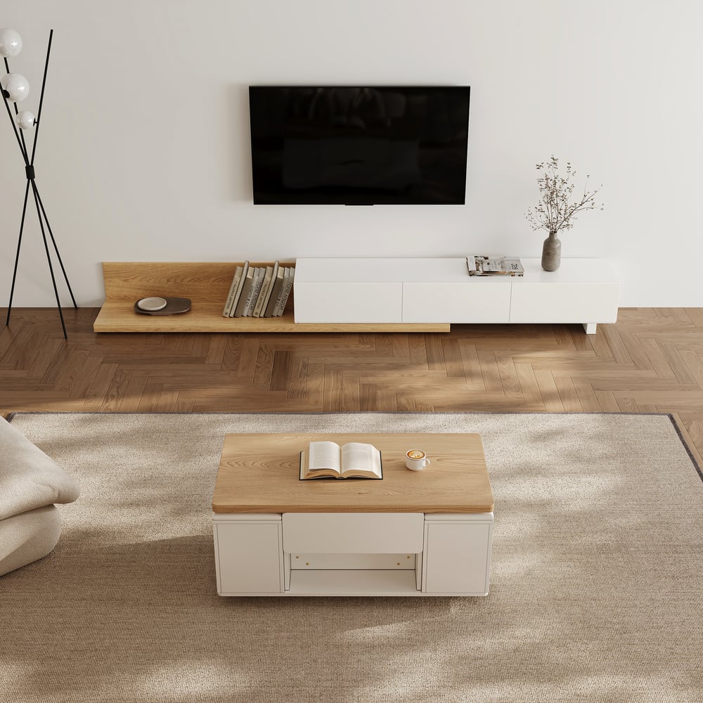 Avis Clients sur Table basse pliante de 1000 mm en blanc naturel avec 4 tabourets et espace de rangement