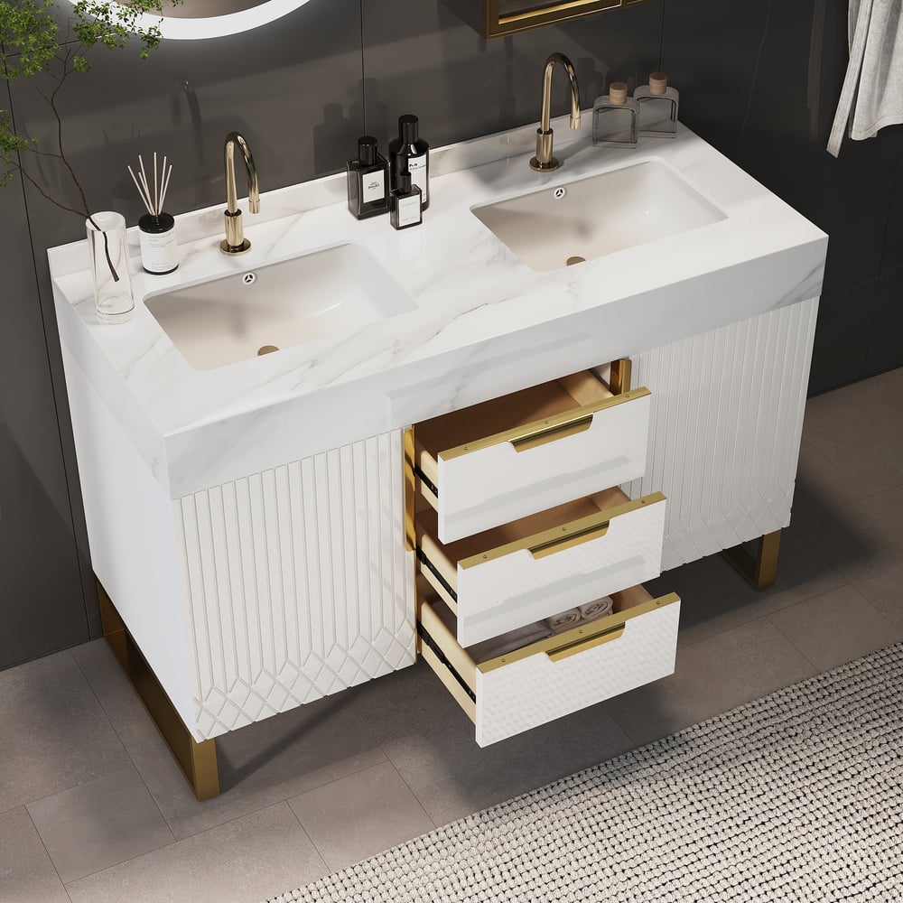 Avis Clients sur Ensemble de vanité de salle de bain autoportant Aro, 1200 mm, blanc avec double vasque