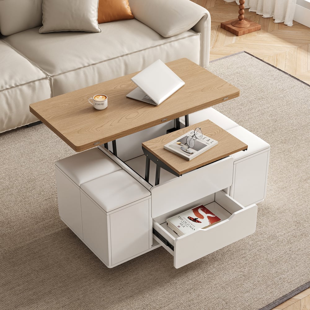Avis Clients sur Table basse pliante de 1000 mm en blanc naturel avec 4 tabourets et espace de rangement