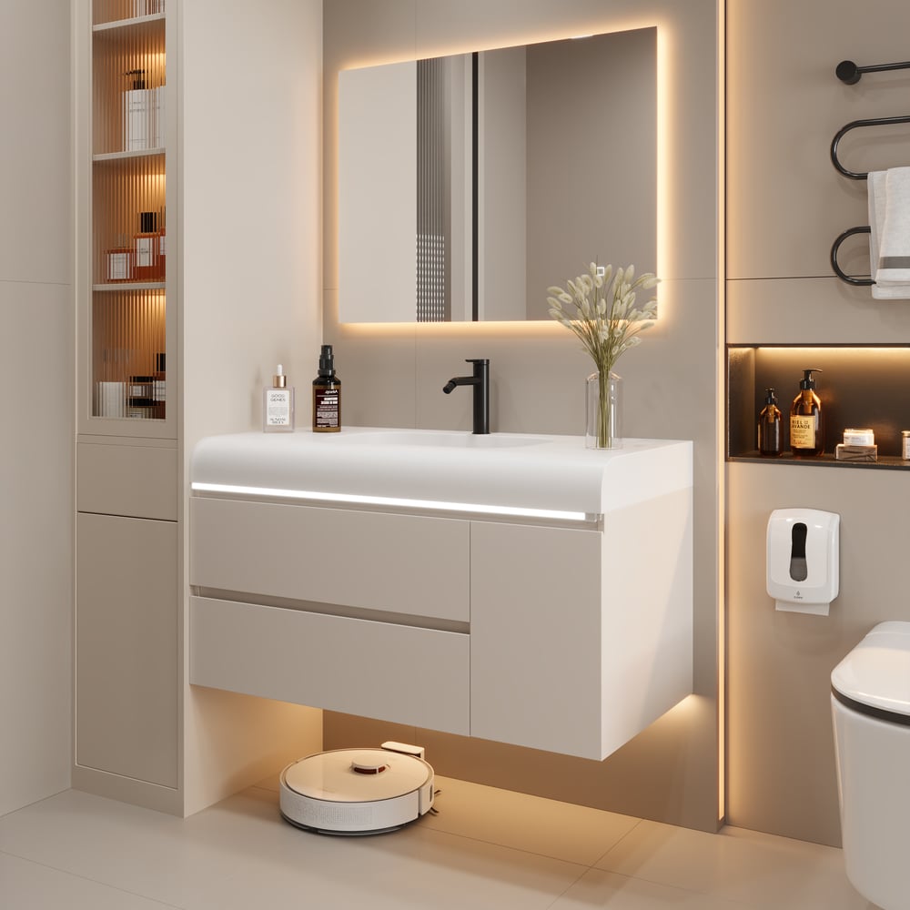 Otázky a odpovědi pro 39" nástěnné koupelnové umyvadlo bílé s velkým úložným prostorem a nastavitelným světlem