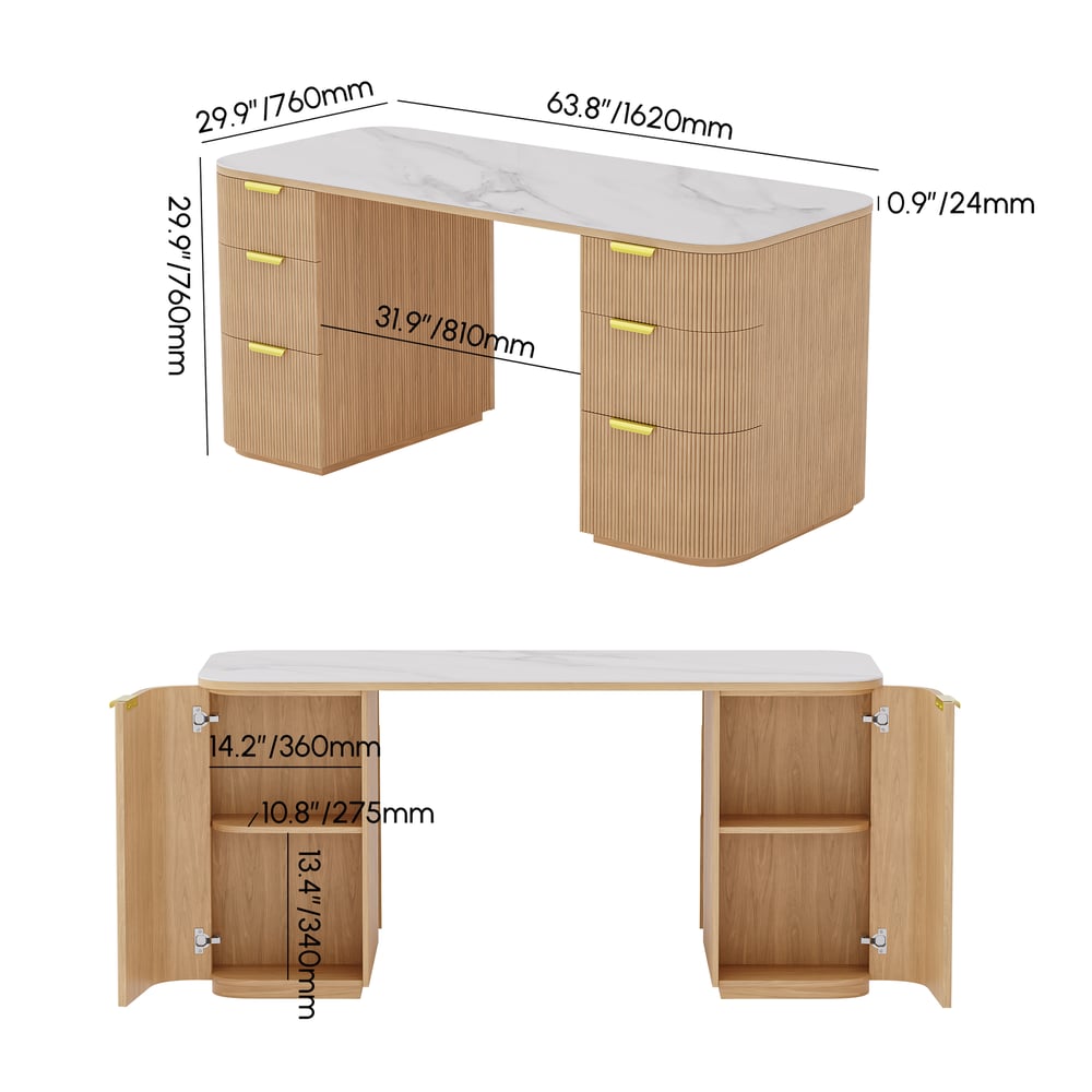 Modern White Ash Wood & Sintered Stone Rectangle Desk with 6 Drawers (63.8") weights dimensions image