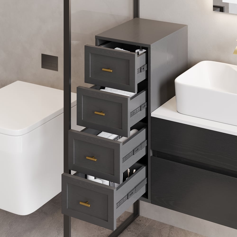 Vragen en antwoorden voor 400 mm zwarte badkamerkast met 4 laden en wandmontage of op de vloer