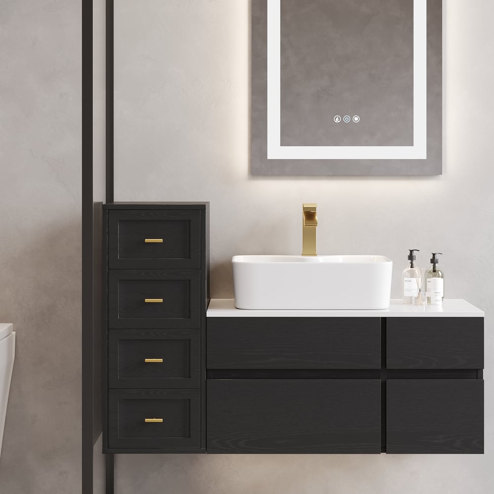 Vragen en antwoorden voor 400 mm zwarte badkamerkast met 4 laden en wandmontage of op de vloer