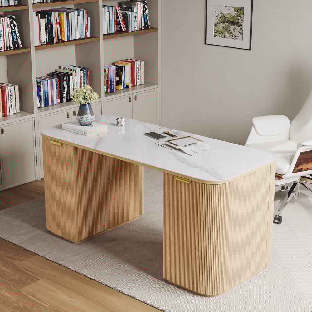 Questions and Answers for Modern White Ash Wood & Sintered Stone Oval Desk with 6 Drawers (1620mm)