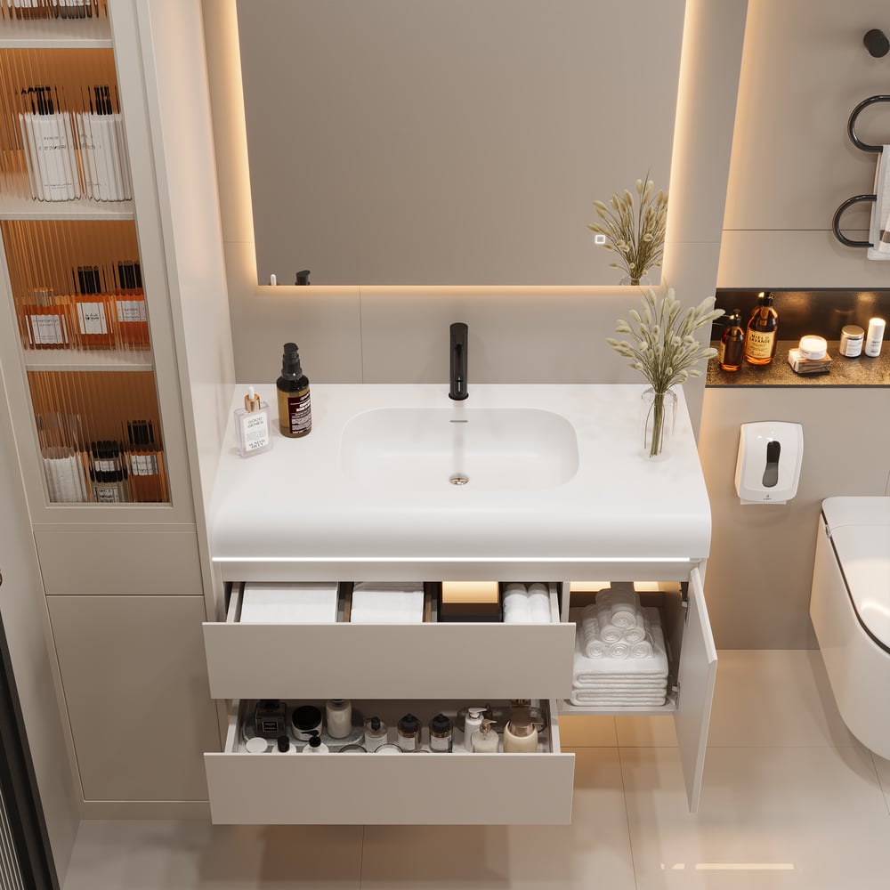 Otázky a odpovědi pro 39" nástěnné koupelnové umyvadlo bílé s velkým úložným prostorem a nastavitelným světlem