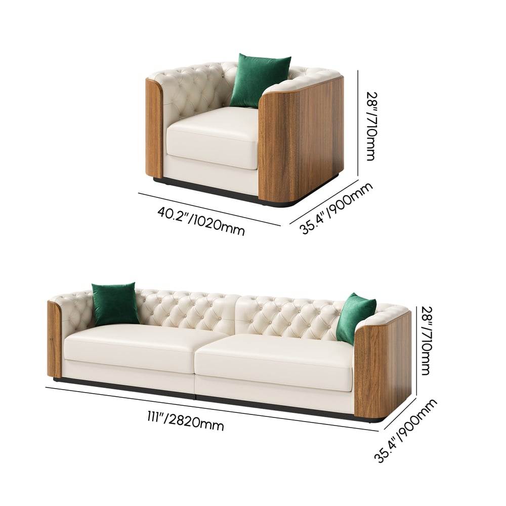 Wovent 111" Faux Leather Tufted Sofa Living Room Set of 2 weights dimensions image