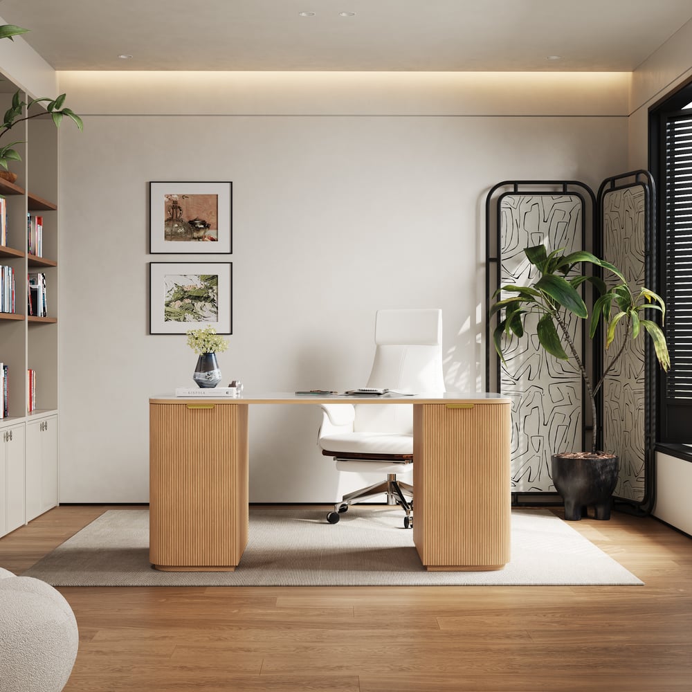 Questions and Answers for Modern White Ash Wood & Sintered Stone Oval Desk with 6 Drawers (1620mm)