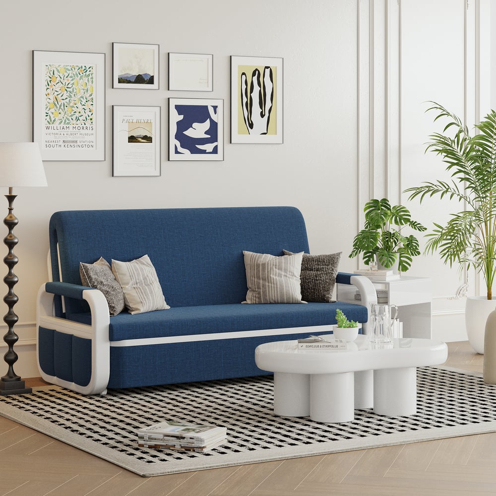 Otázky a odpovědi pro 2-místná rozkládací pohovka z lněné tkaniny s hrudníkem - modrá