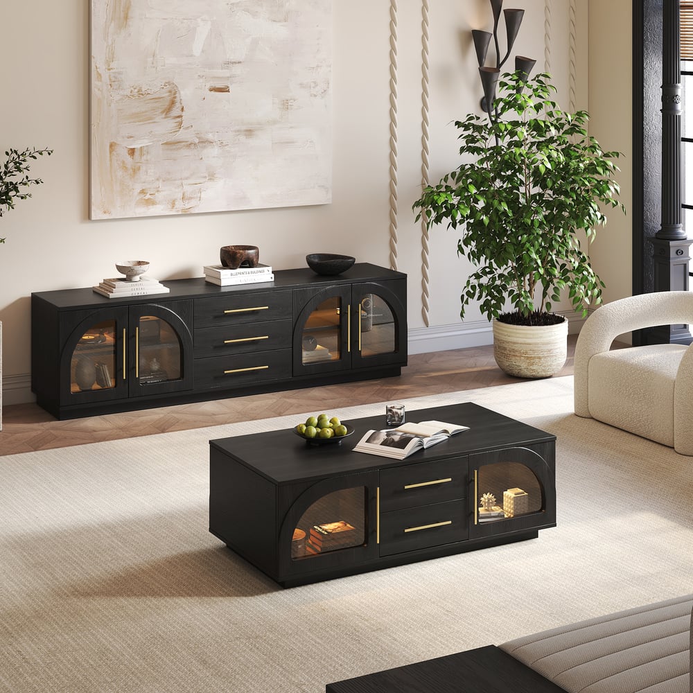 Questions and Answers for Arune 72" Arched Glass Doors TV Stand with Storage and LED