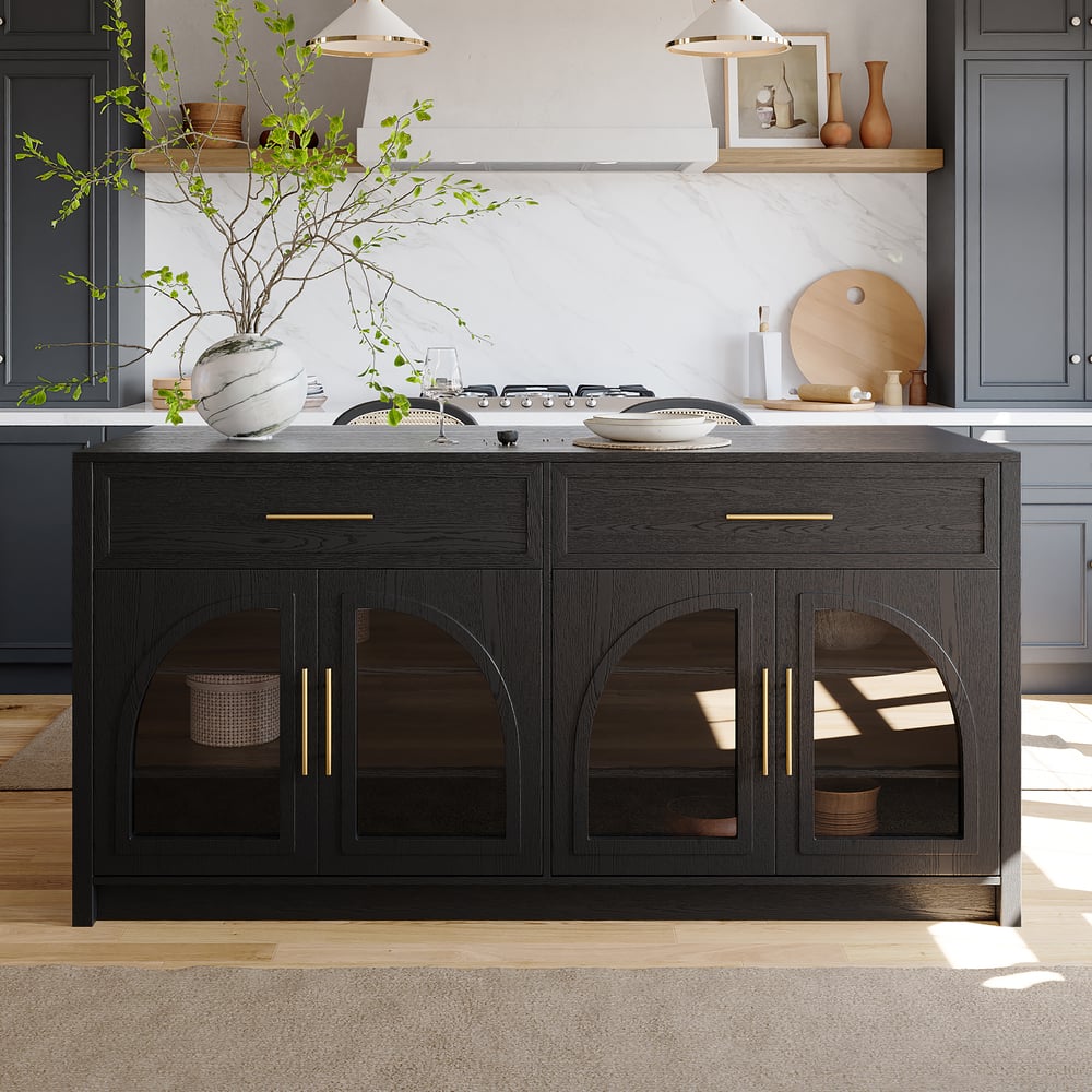 Questions and Answers for Arune 71" Modern Style Black Kitchen Islands with with Glass Doors & Drawers