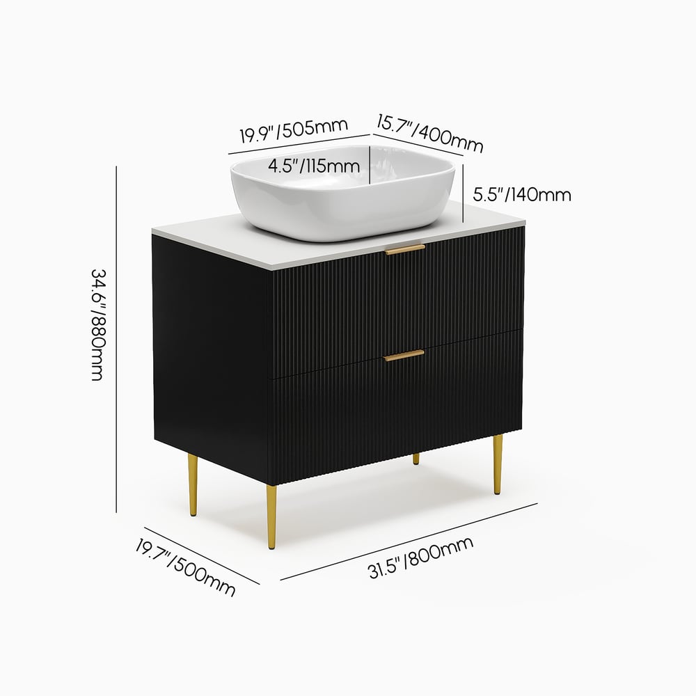 31.5'' Black Single Fluted Bathroom Vanity with Vessel Sink and 2 Drawers weights dimensions image