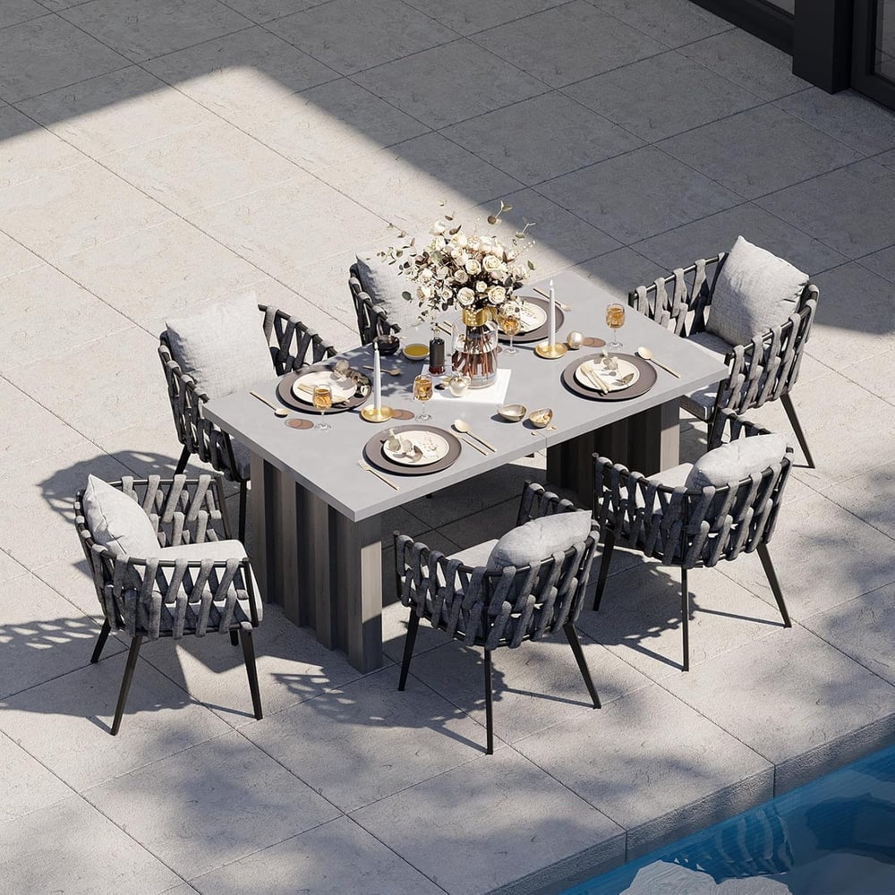 Questions and Answers for 7 Pieces Grey Aluminium Outdoor Patio Dining Set with Extendable Table & Woven Armchair