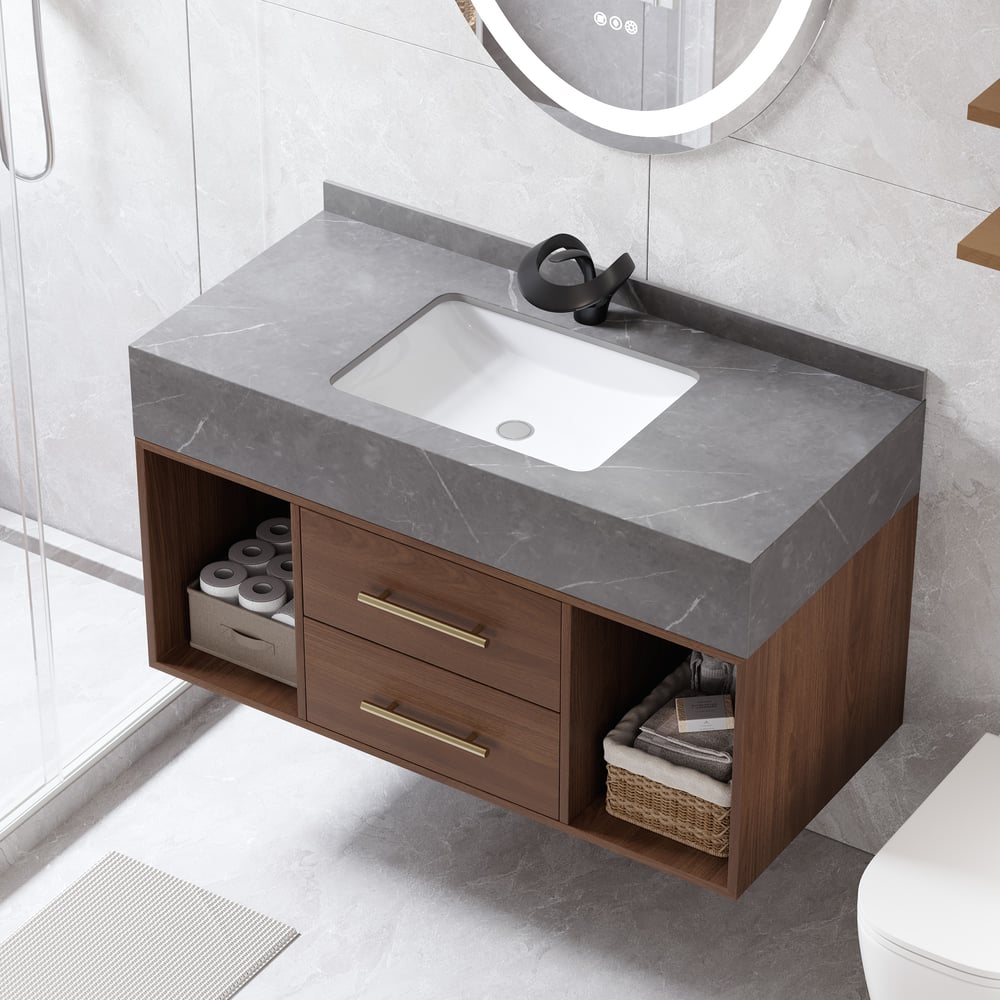 Questions and Answers for  35.4" Floating Bathroom Vanity with Sintered Stone Vessel Sink Walnut