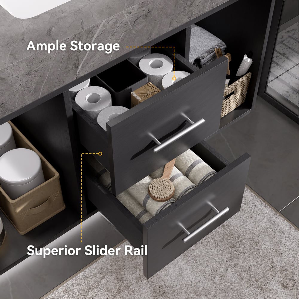 Otázky a odpovědi pro Koupelnová toaletní sada 35.4" moderní plovoucí slinutý kamenný koupelnový toaletní stolek černý s umyvadlem