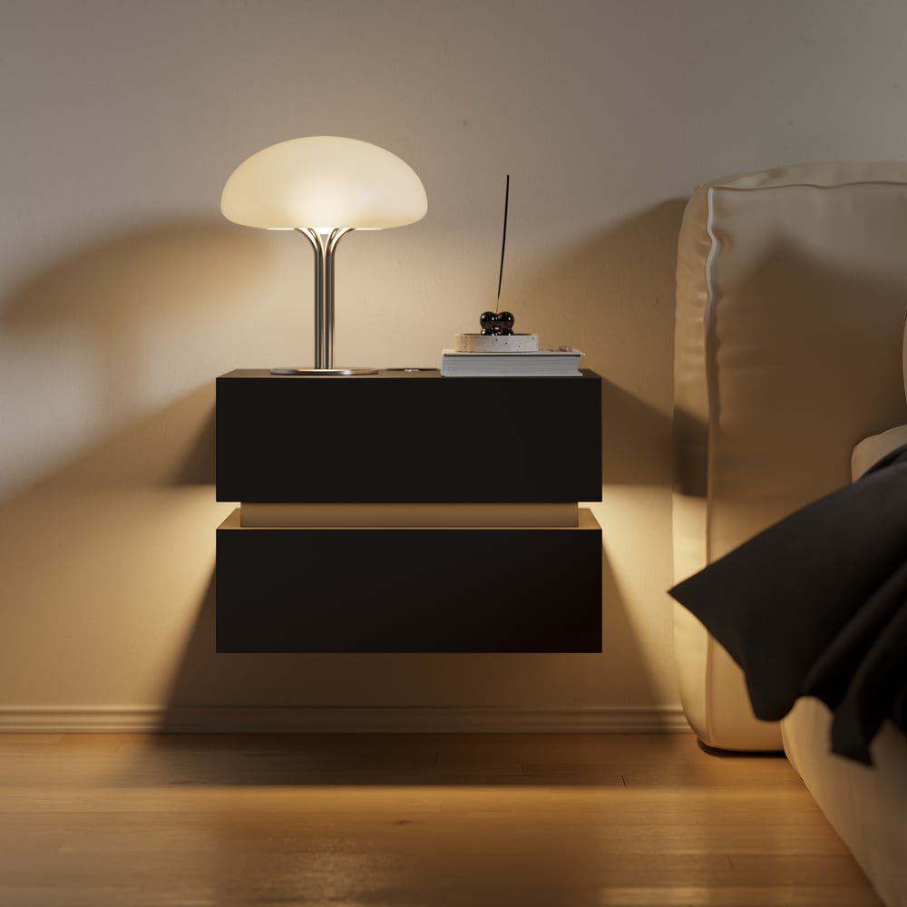 Avis Clients sur Table de chevet LED flottante Lumio avec 2 tiroirs, station de recharge et lampe - noire