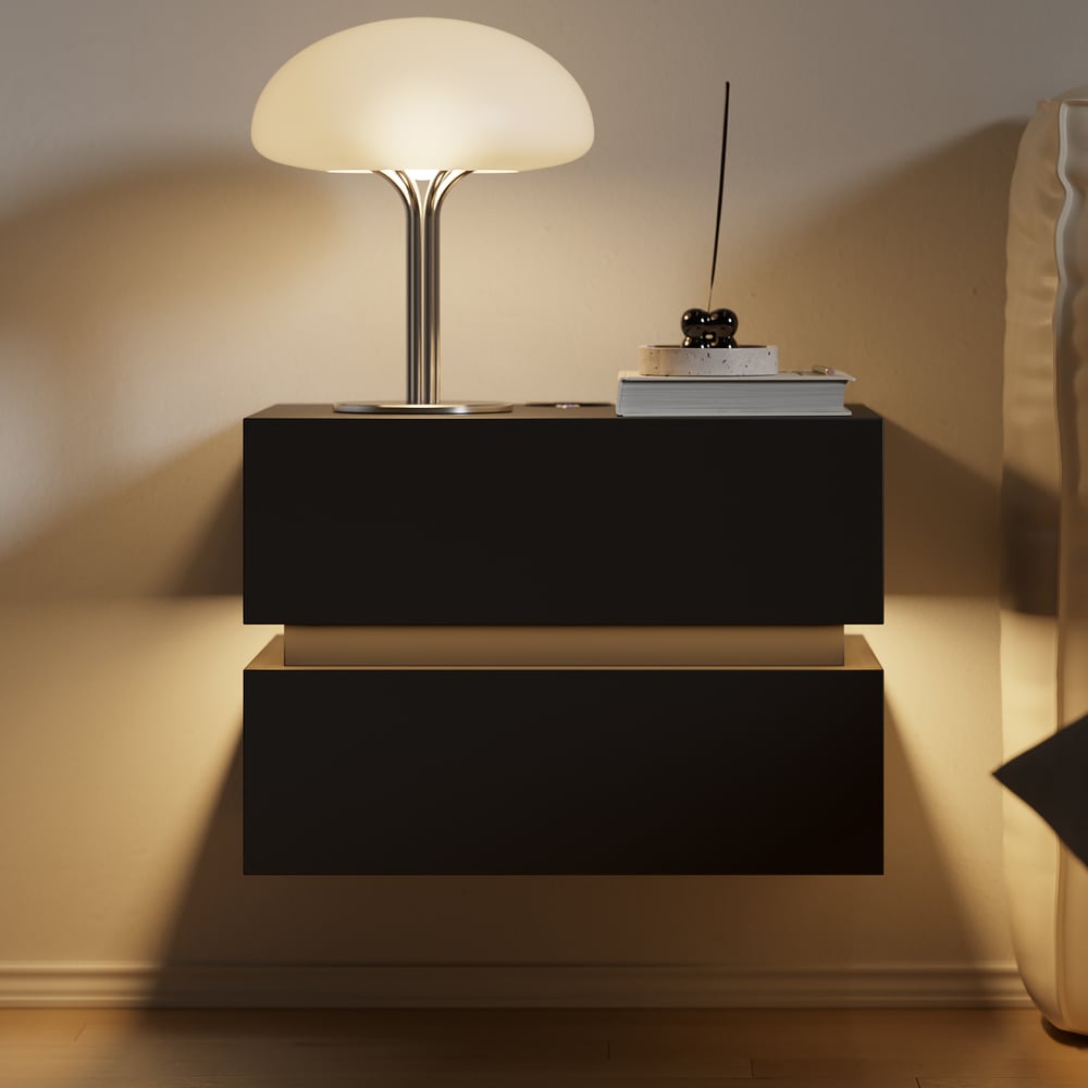 Preguntas y Respuestas para Mesita de noche Lumio flotante con LED, 2 cajones y estación de carga - negro, 2 pzs.