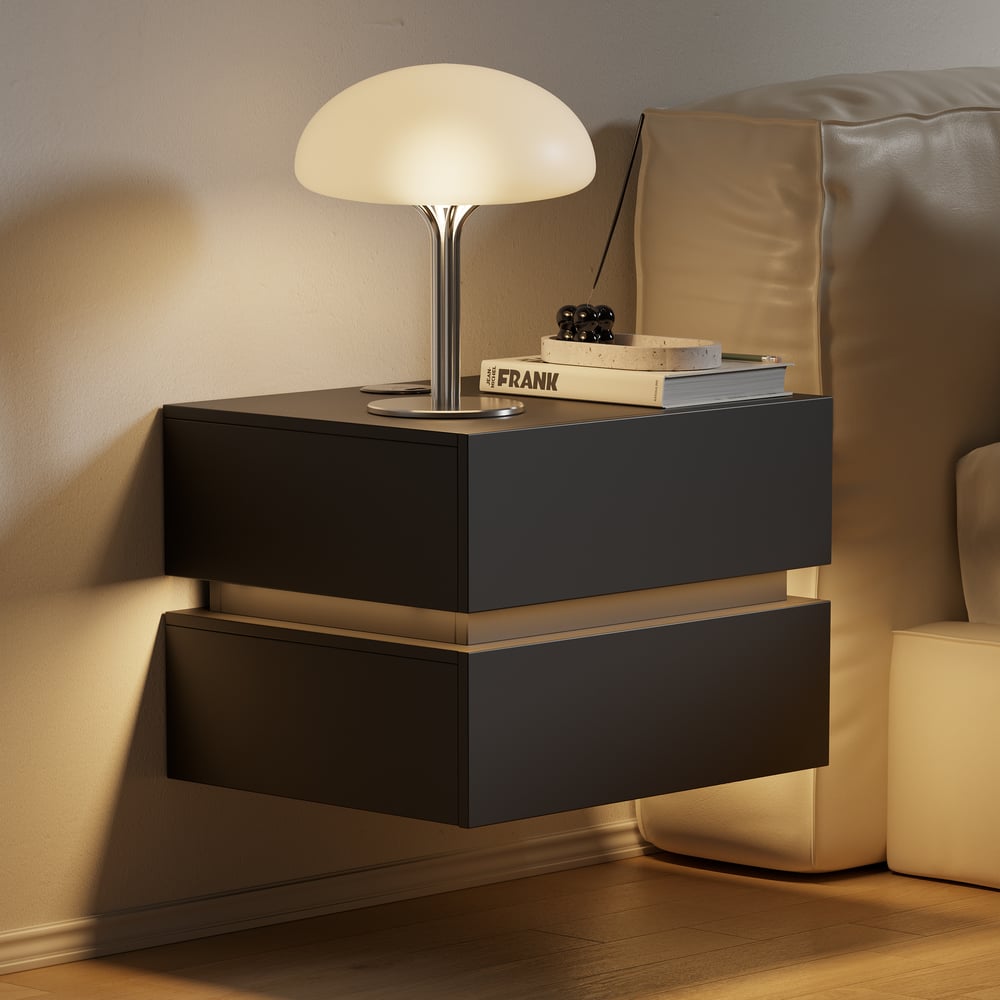 Avis Clients sur Table de chevet LED flottante Lumio avec 2 tiroirs, station de recharge et lampe - noire