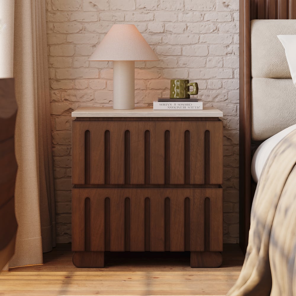 Questions and Answers for Ash Wood 2-Drawer Nightstand with Faux Travertine Top