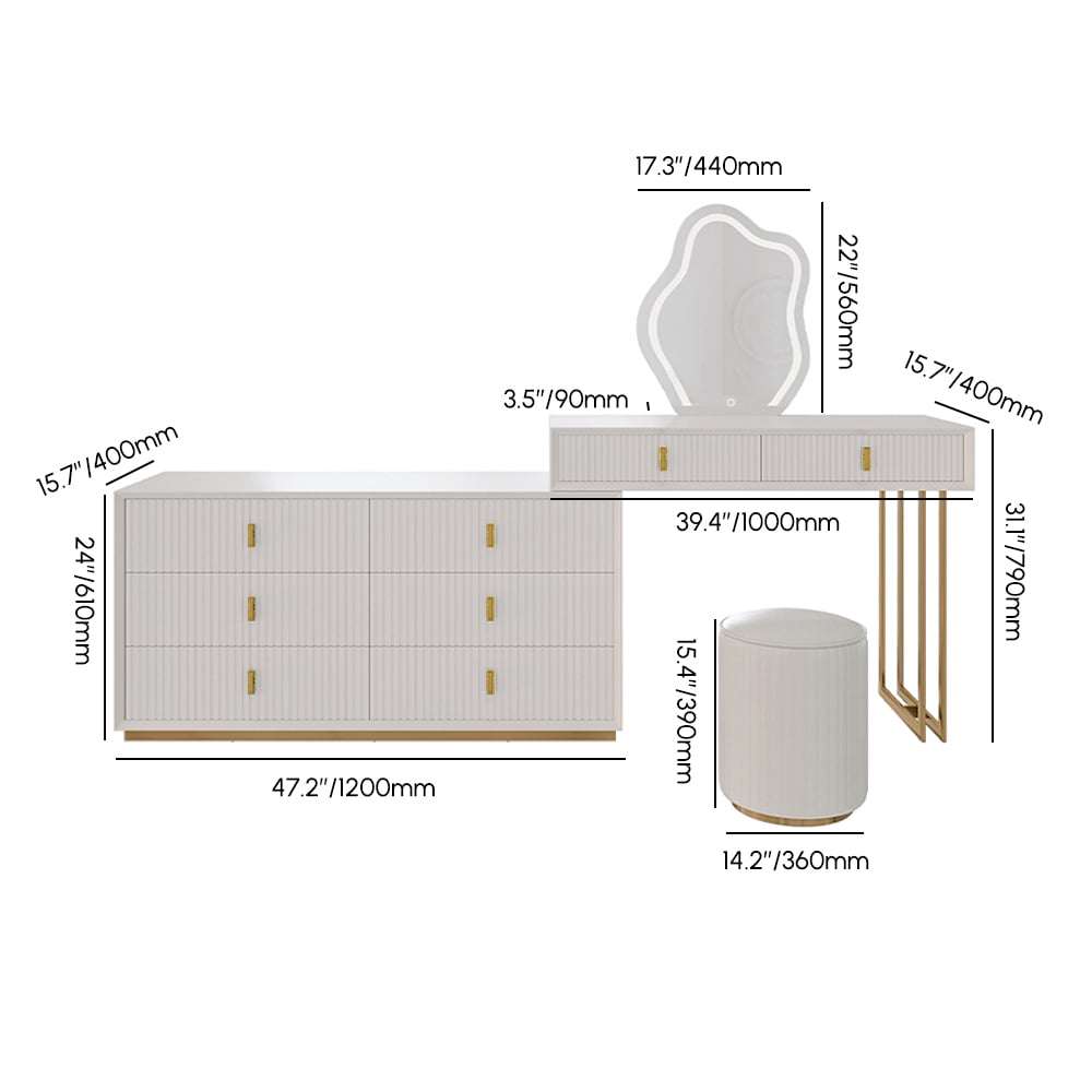 Modern White Makeup Vanity Set with 6-Drawer Cabinet Dressing Table with Stool & Mirror weights dimensions image
