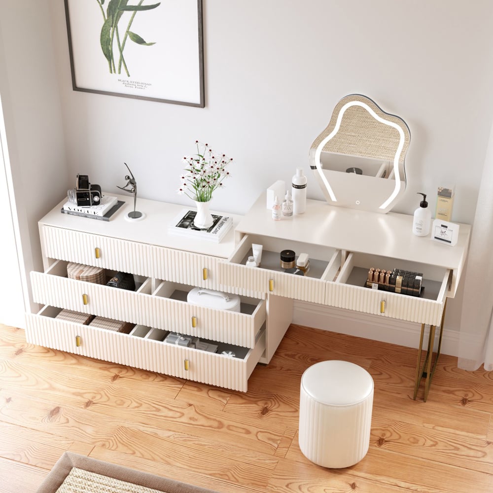 Questions and Answers for Modern White Makeup Vanity Set with 6-Drawer Cabinet Dressing Table with Stool & Mirror