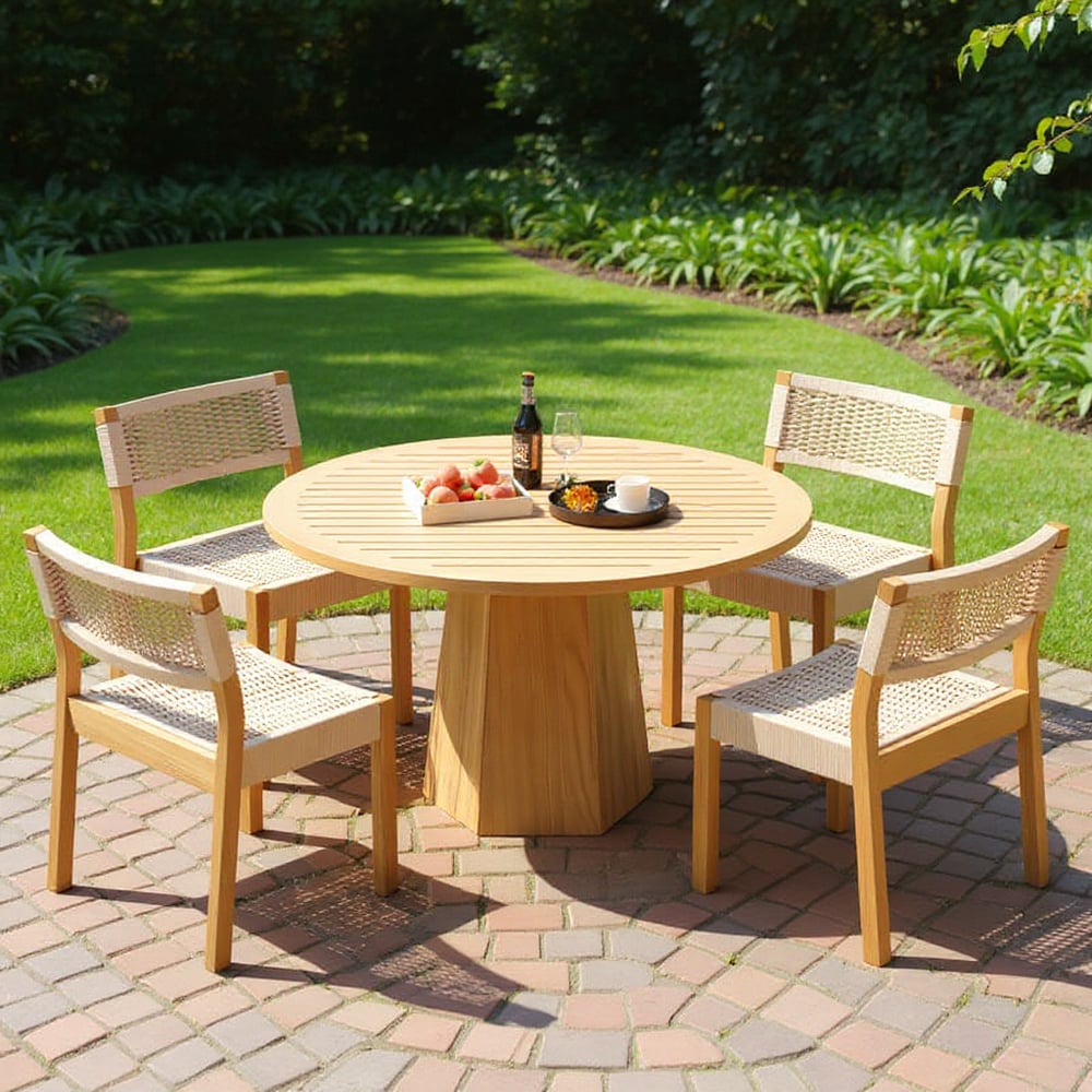 Hodnocení zákazníků pro položku 5dílný venkovní kulatý stůl z přírodního teaku a sada židlí z tkaných lan