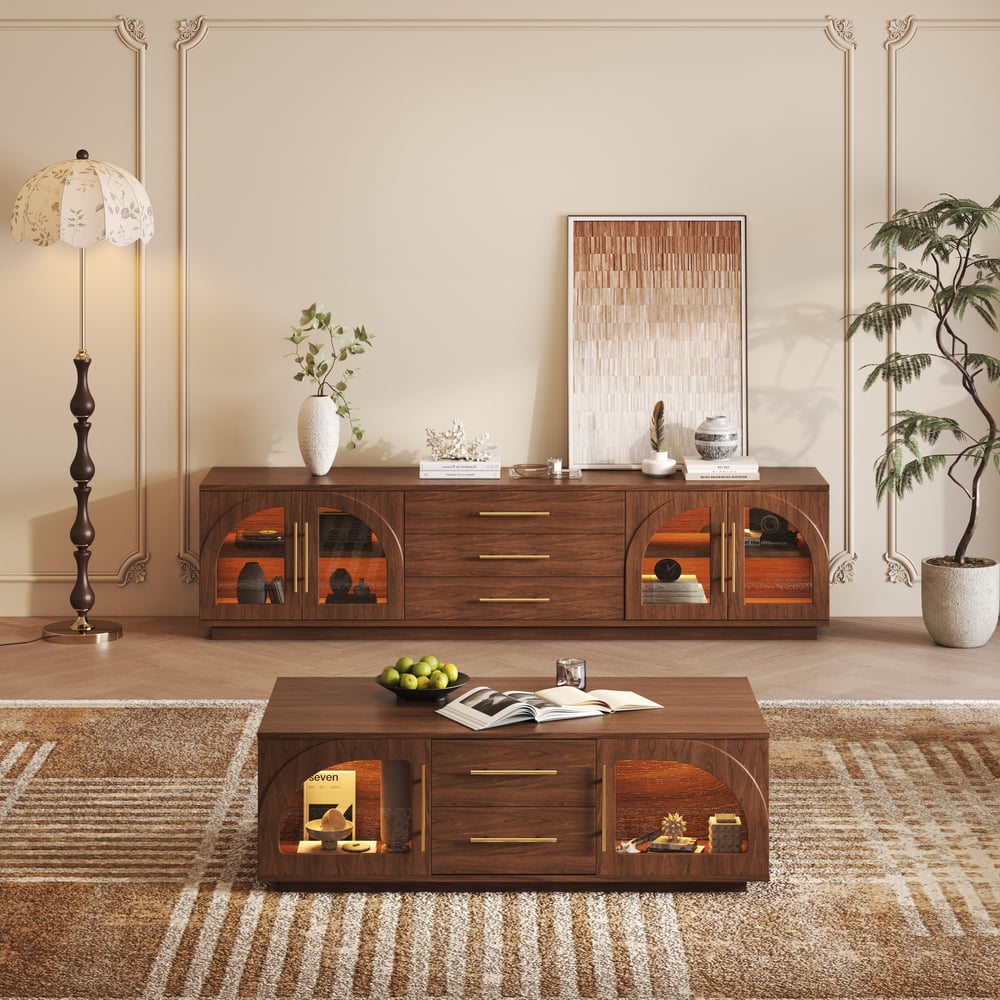 Customer Reviews for Arune 72" Arched Glass Doors Walnut TV Stand with Storage and LED