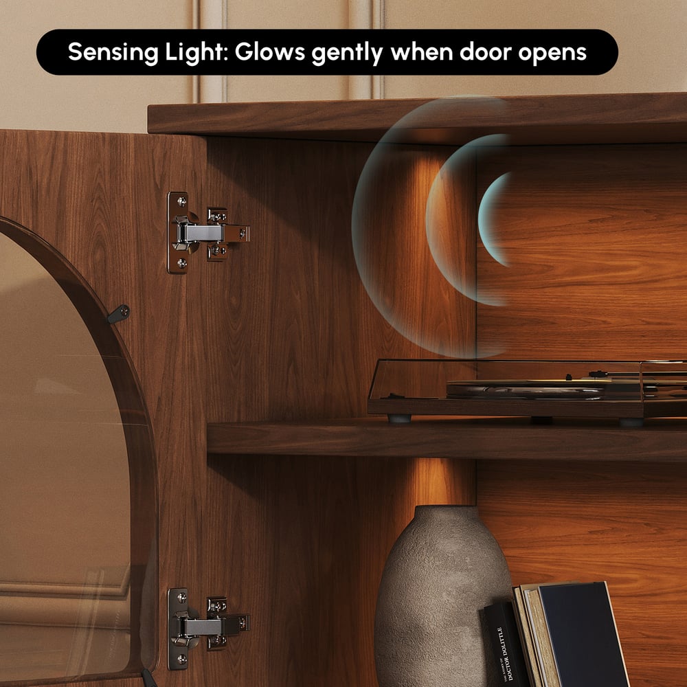 Vragen en antwoorden voor Arune 1830 mm tv-meubel met gebogen glazen deuren, opbergruimte en LED