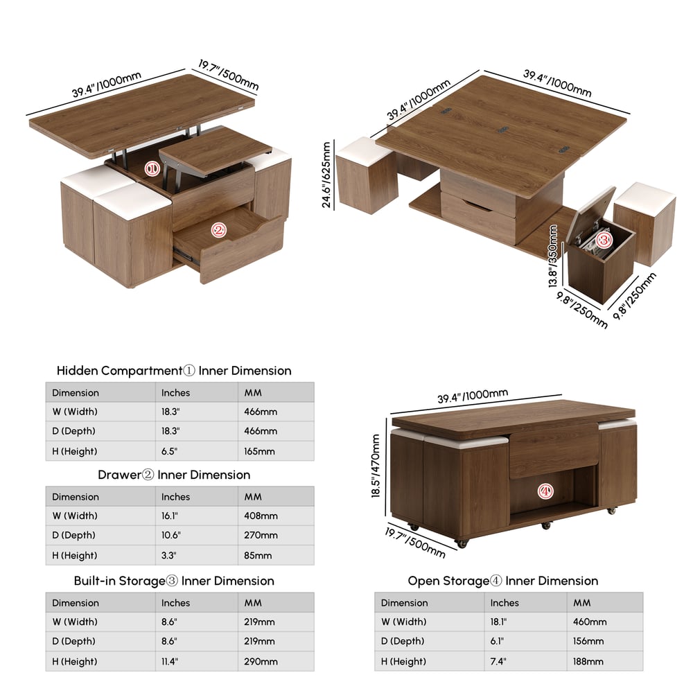 39" Lift-Top Foldable Walnut Coffee Table with 4 Stools & Storage weights dimensions image