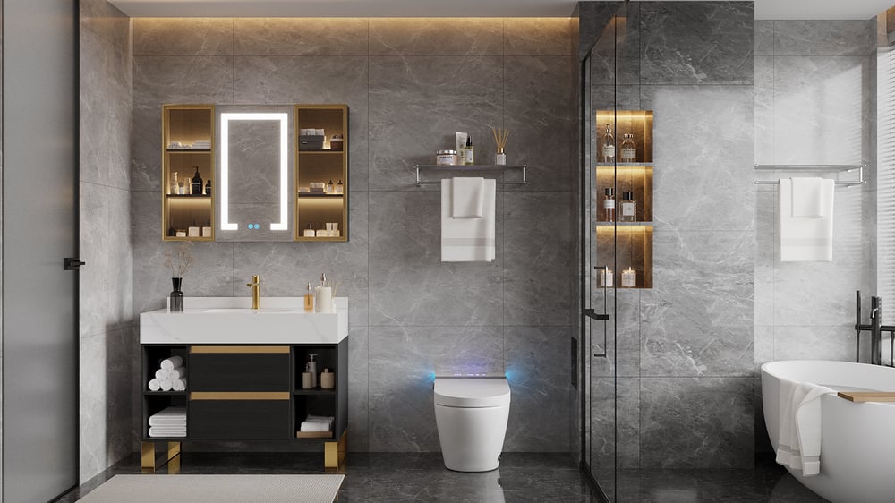 Recensioni dei clienti per Set lavabo da bagno indipendente bianco e nero con lavabo in ceramica | 2 cassetti