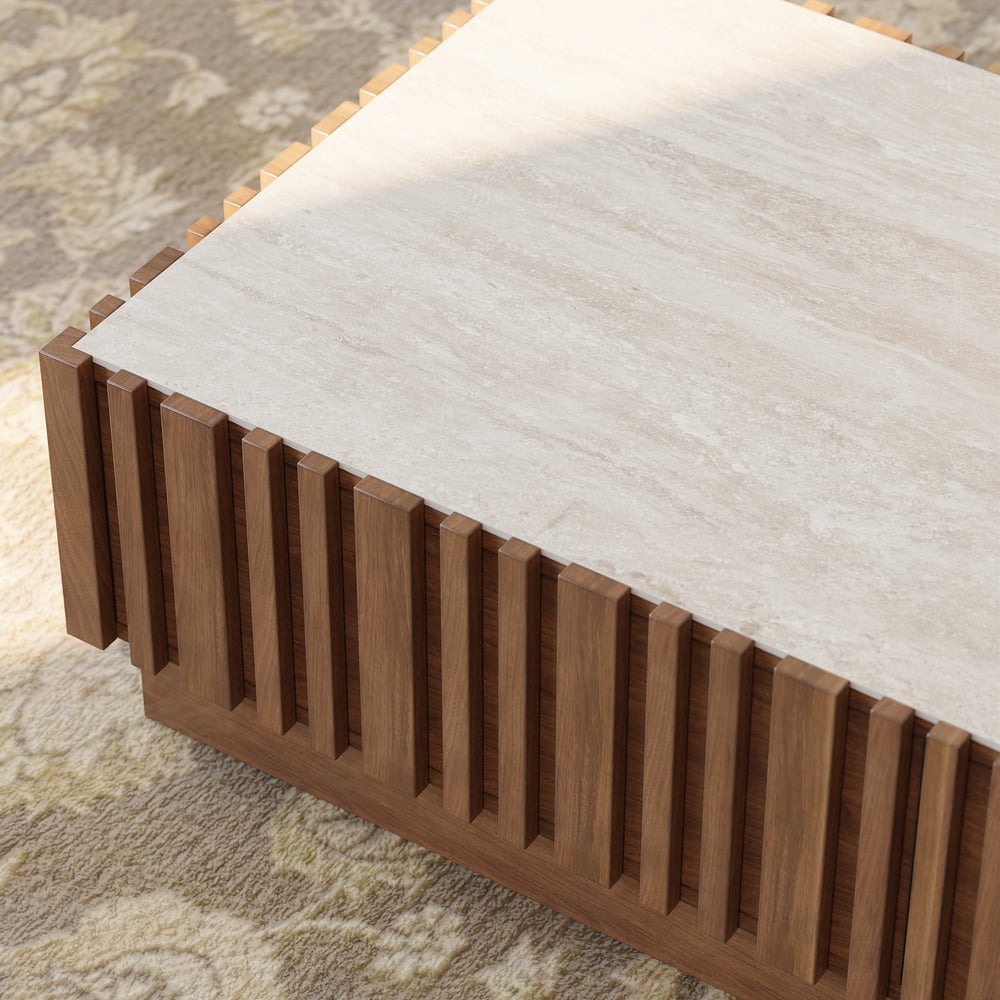 Aura 47" Ash Wood Slatted Coffee Table with Sintered Stone Top