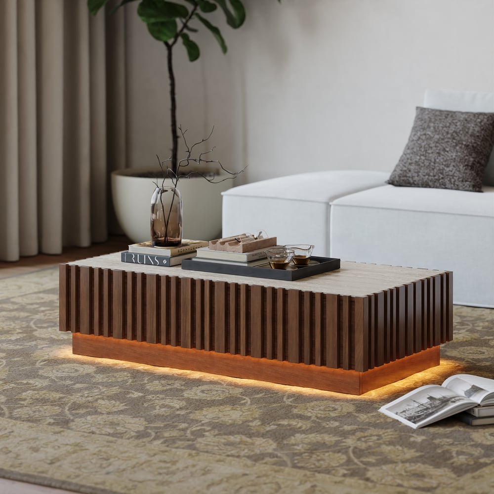 Perguntas e respostas para Mesa de café de ripas de madeira de freixo Aura 1200 mm com tampo de pedra sinterizada