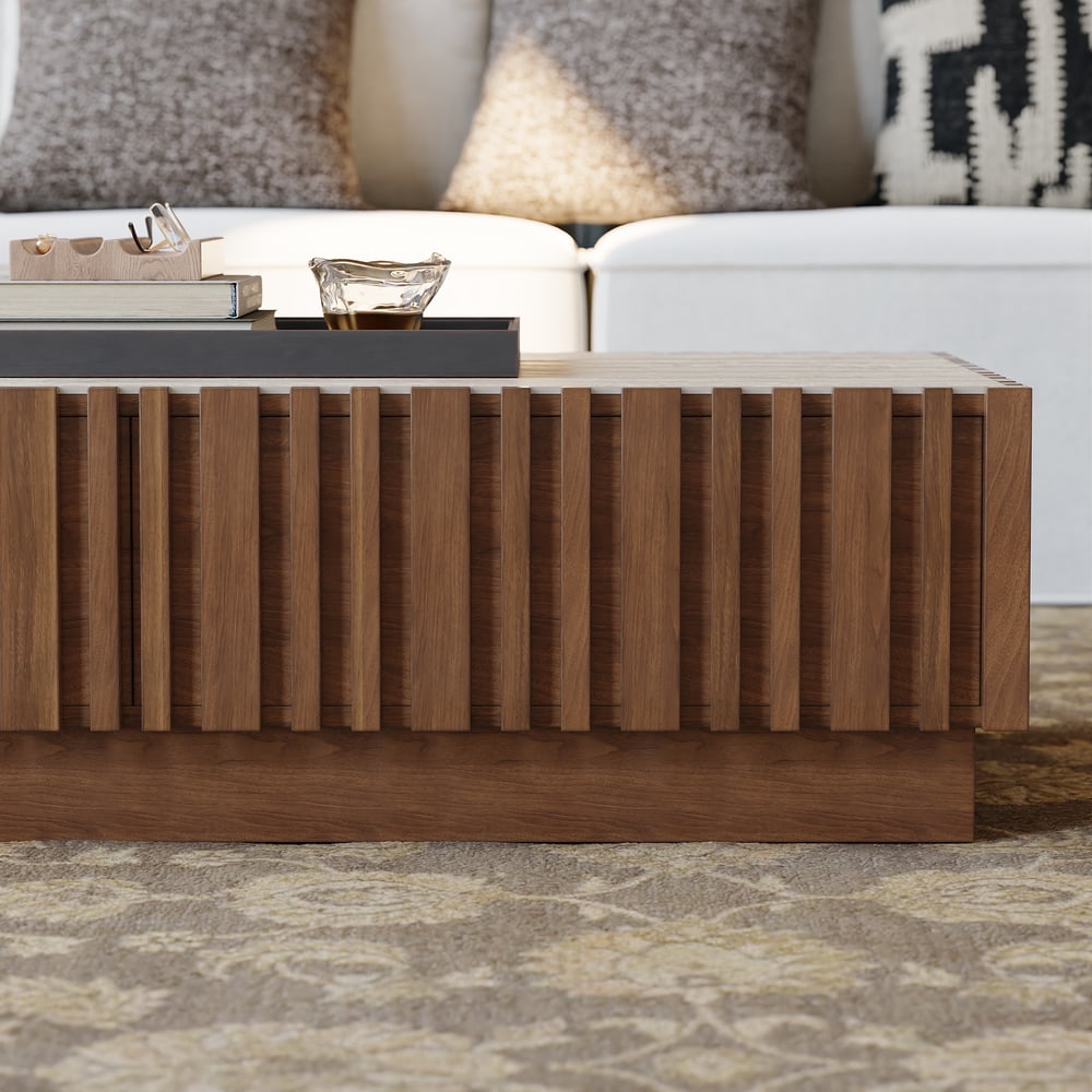 Aura 47" Ash Wood Slatted Coffee Table with Sintered Stone Top