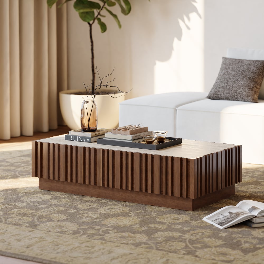 Aura 47" Ash Wood Slatted Coffee Table with Sintered Stone Top
