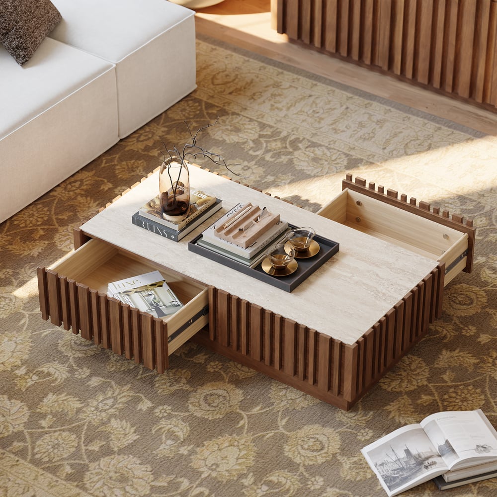 Aura 47" Ash Wood Slatted Coffee Table with Sintered Stone Top