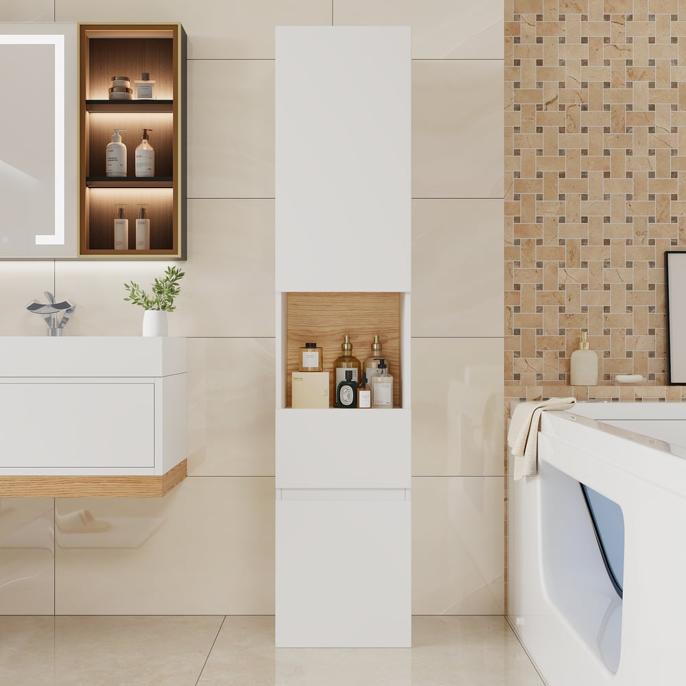 Perguntas e respostas para Armário de banheiro ajustável branco independente e montado na parede com armazenamento