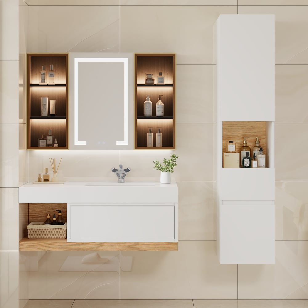 Perguntas e respostas para Armário de banheiro ajustável branco independente e montado na parede com armazenamento