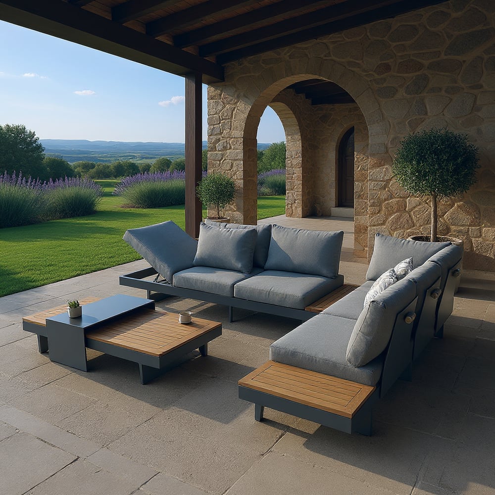 Questions and Answers for 4-Pieces Aluminum & Teak Outdoor Sectional Sofa Set