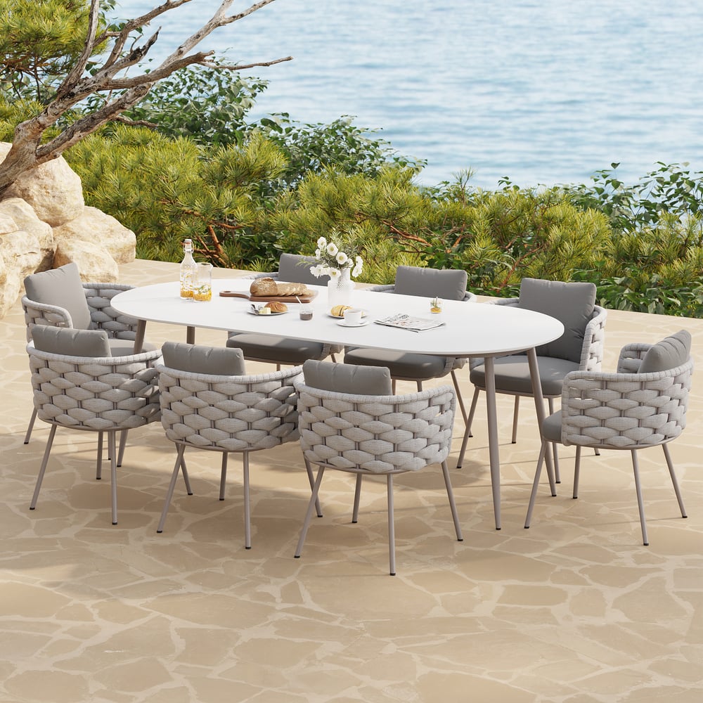 Otázky a odpovědi pro 9dílná venkovní jídelní souprava s oválnou deskou stolu z umělého mramoru a tkaným křeslem