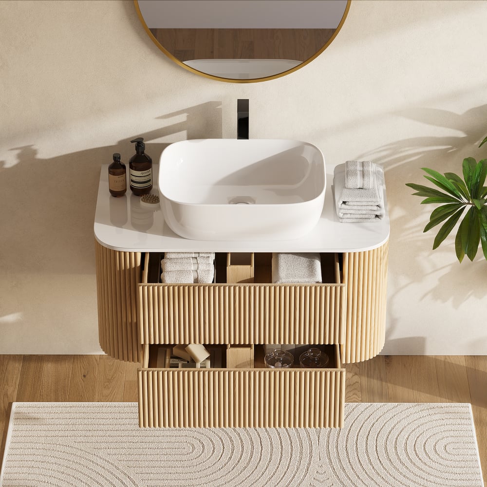 Questions and Answers for 915mm Floating Bathroom Vanity with Vessel Sink, Modern Style, Fluted Design