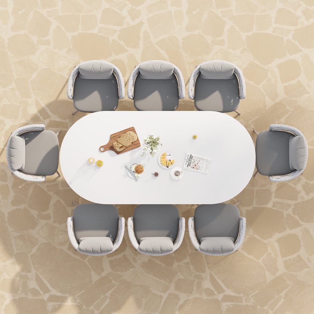 Otázky a odpovědi pro 9dílná venkovní jídelní souprava s oválnou deskou stolu z umělého mramoru a tkaným křeslem