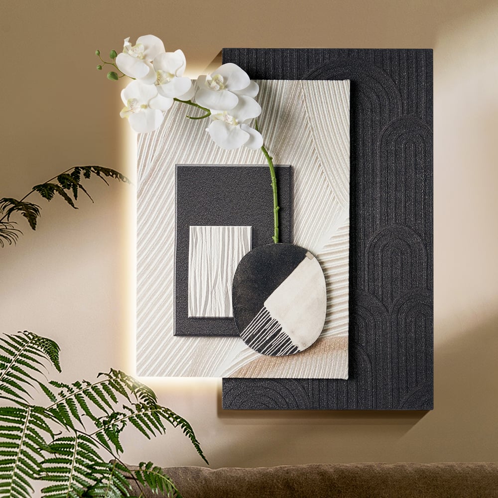 Vragen en antwoorden voor Moderne zwart-witte wanddecoratie met warm LED-licht en nepochidee — 600 mm x 490 mm