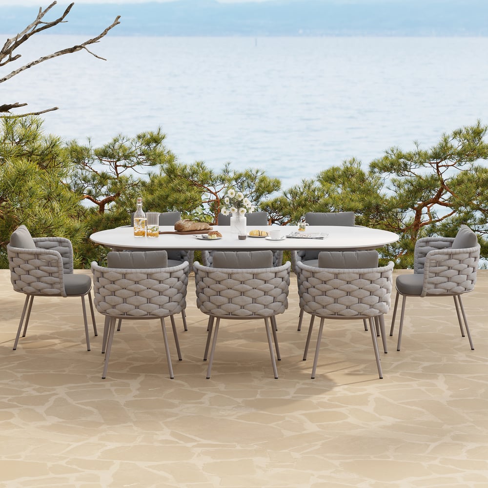 Otázky a odpovědi pro 9dílná venkovní jídelní souprava s oválnou deskou stolu z umělého mramoru a tkaným křeslem