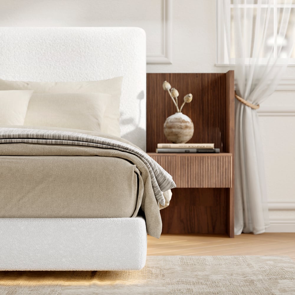 Questions et Réponses pour Lit en bois massif 180 x 200 cm avec tête de lit allongée en boucle et ensemble de table de chevet intelligente flottante