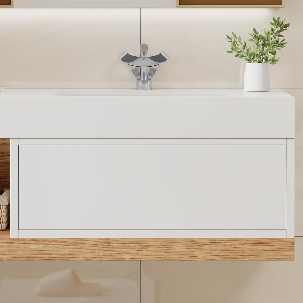 Avis Clients sur Ensemble de vanité de salle de bain flottant moderne de 1000 mm avec lavabo simple à montage mural blanc et naturel