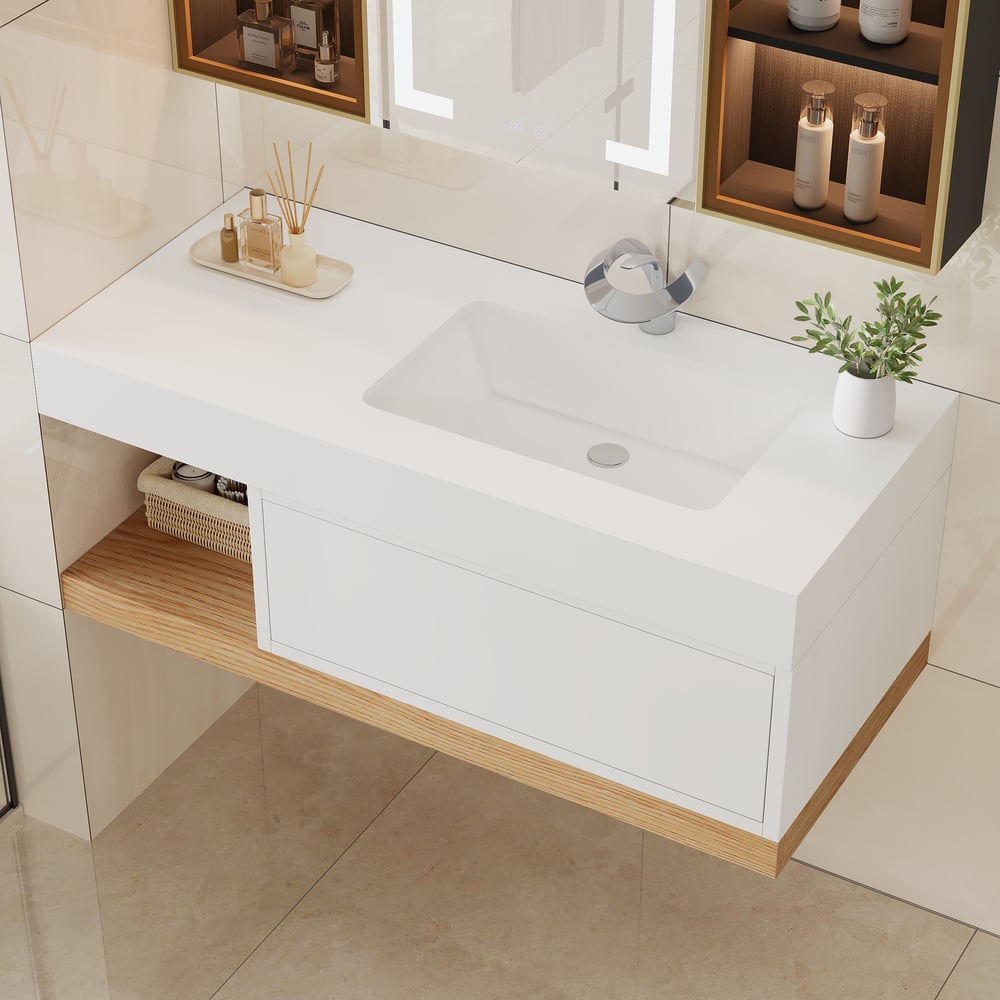 Avis Clients sur Ensemble de vanité de salle de bain flottant moderne de 1000 mm avec lavabo simple à montage mural blanc et naturel