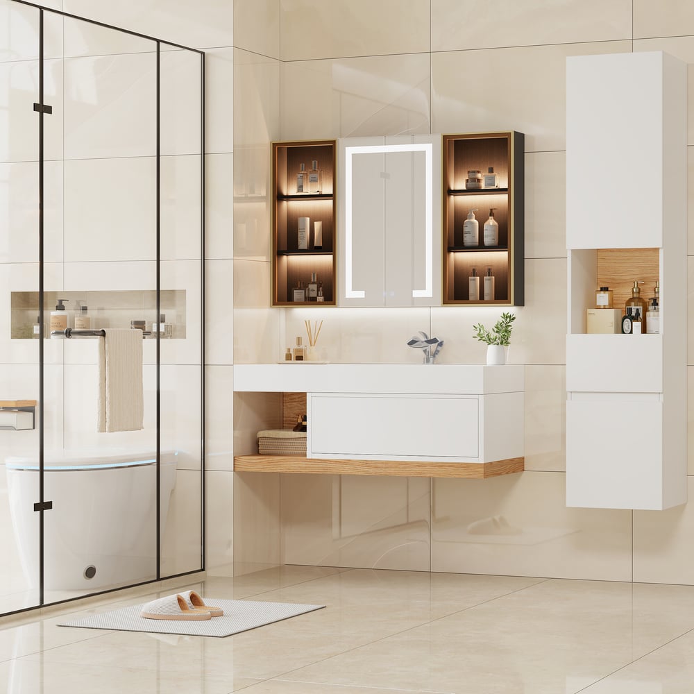 Avis Clients sur Ensemble de vanité de salle de bain flottant moderne de 1000 mm avec lavabo simple à montage mural blanc et naturel