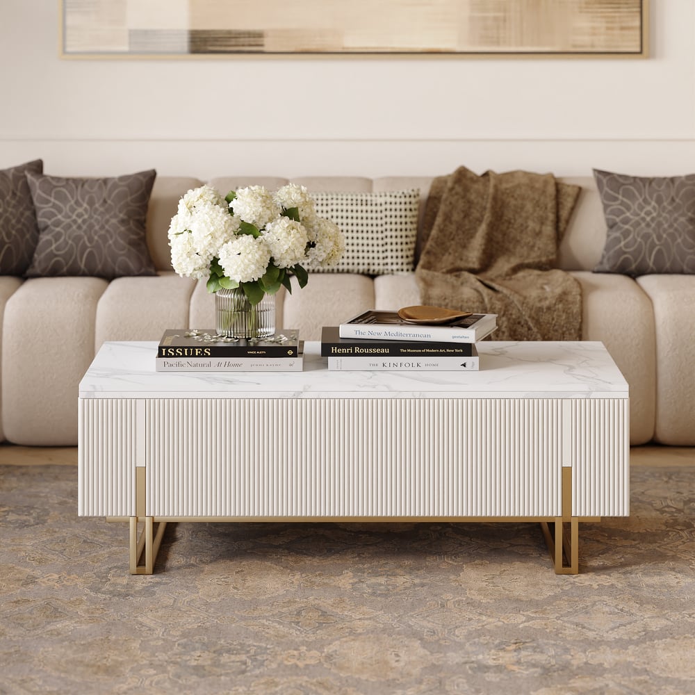 Perguntas e respostas para Mesa de café elevatória estriada Grovyn com 2 gavetas - 120 cm